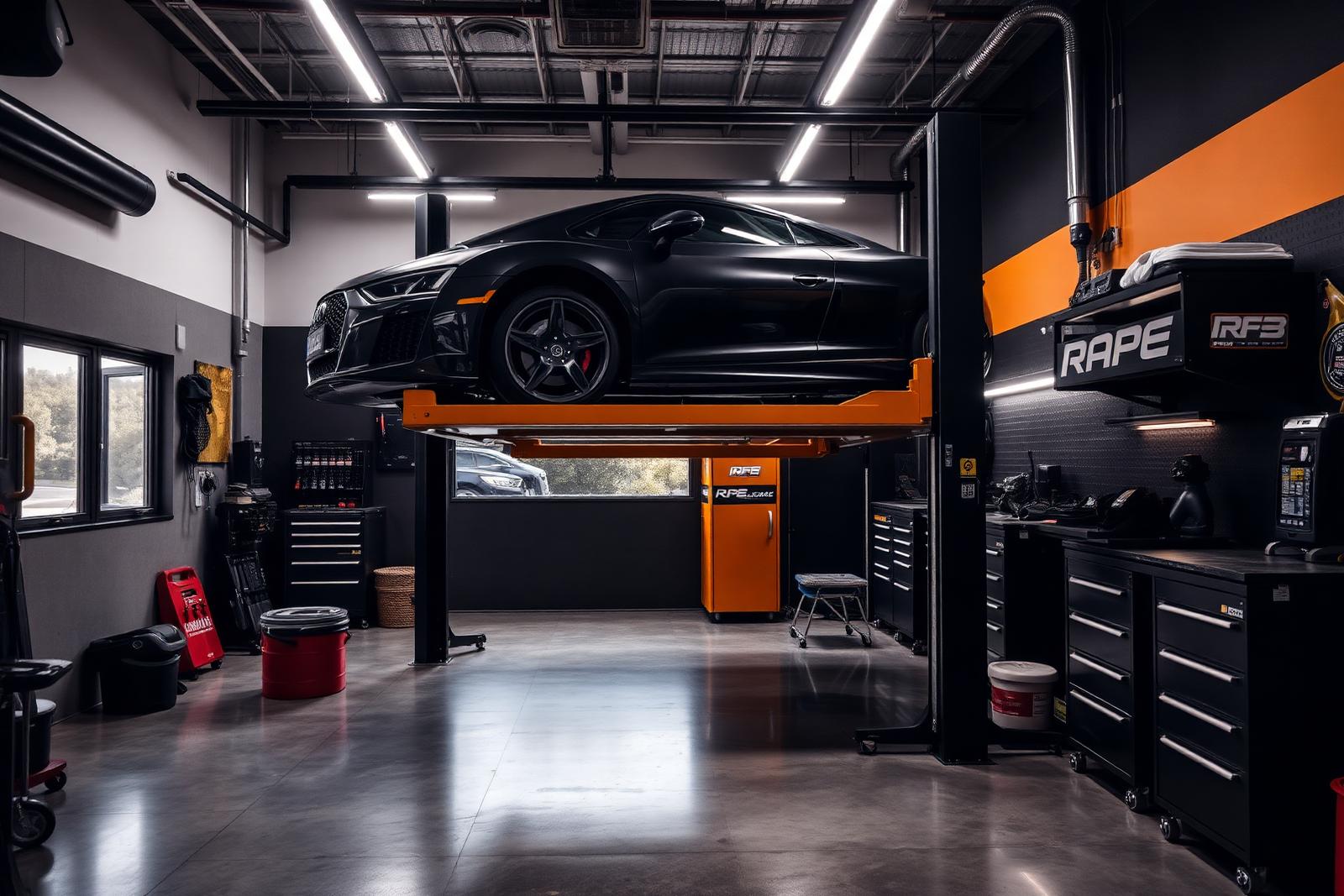 Modern Auto Expert garage interior with car on lift